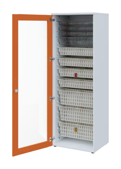 EUROMEDICA S - 66 skříň léková boxová, 1-dveřová/prosklená, levá, 1950x660x535, korpus bílý, dvířka mandarinka